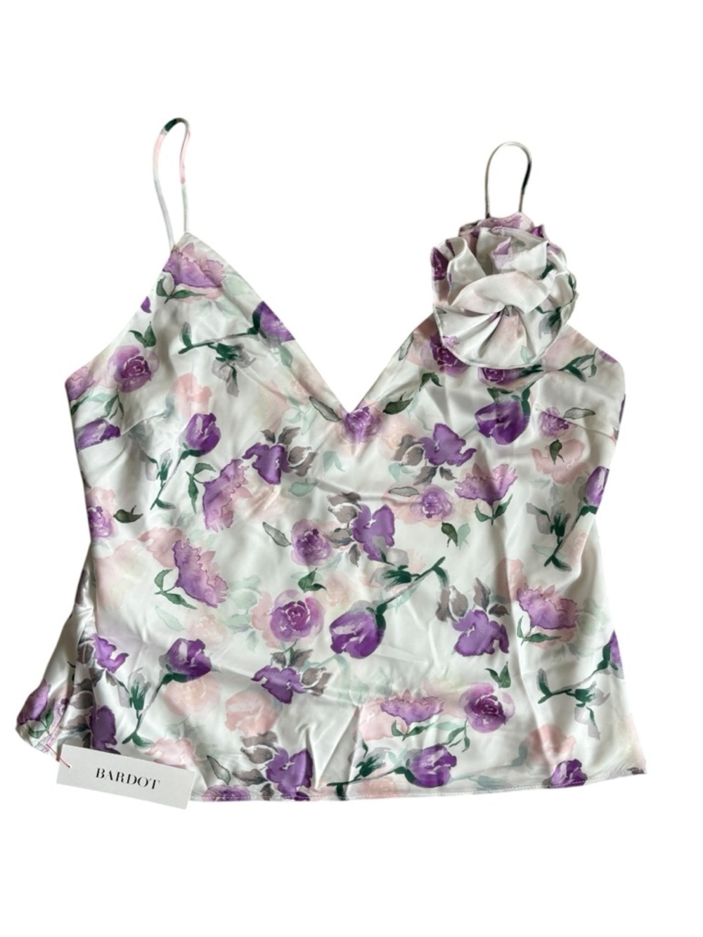 Bardot Wisteria Satin Floral V-Neck Cami with Rosette - White & Purple - Picture 4 of 8